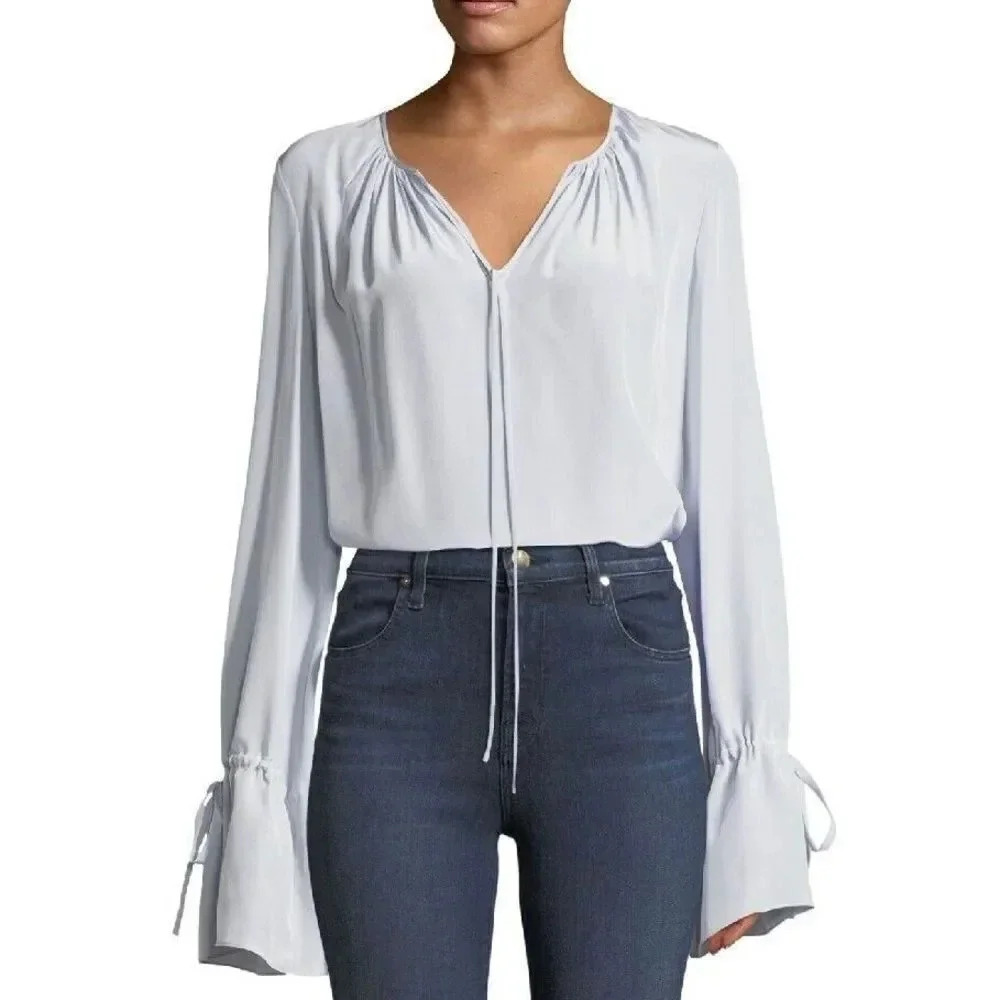 Diane Von Furstenberg 100% Silk Blouse Sz 0 Grey Long Sleeve Crepe Keyhole Smoke